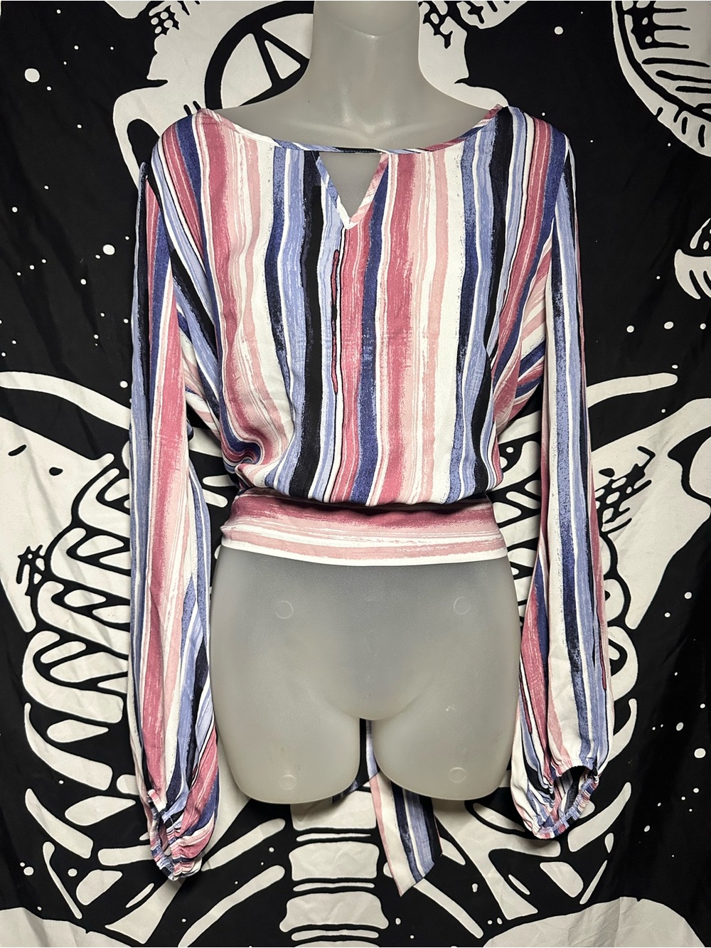 A. Byer Striped Long-Sleeve Cropped Top - Pink, Blue, White